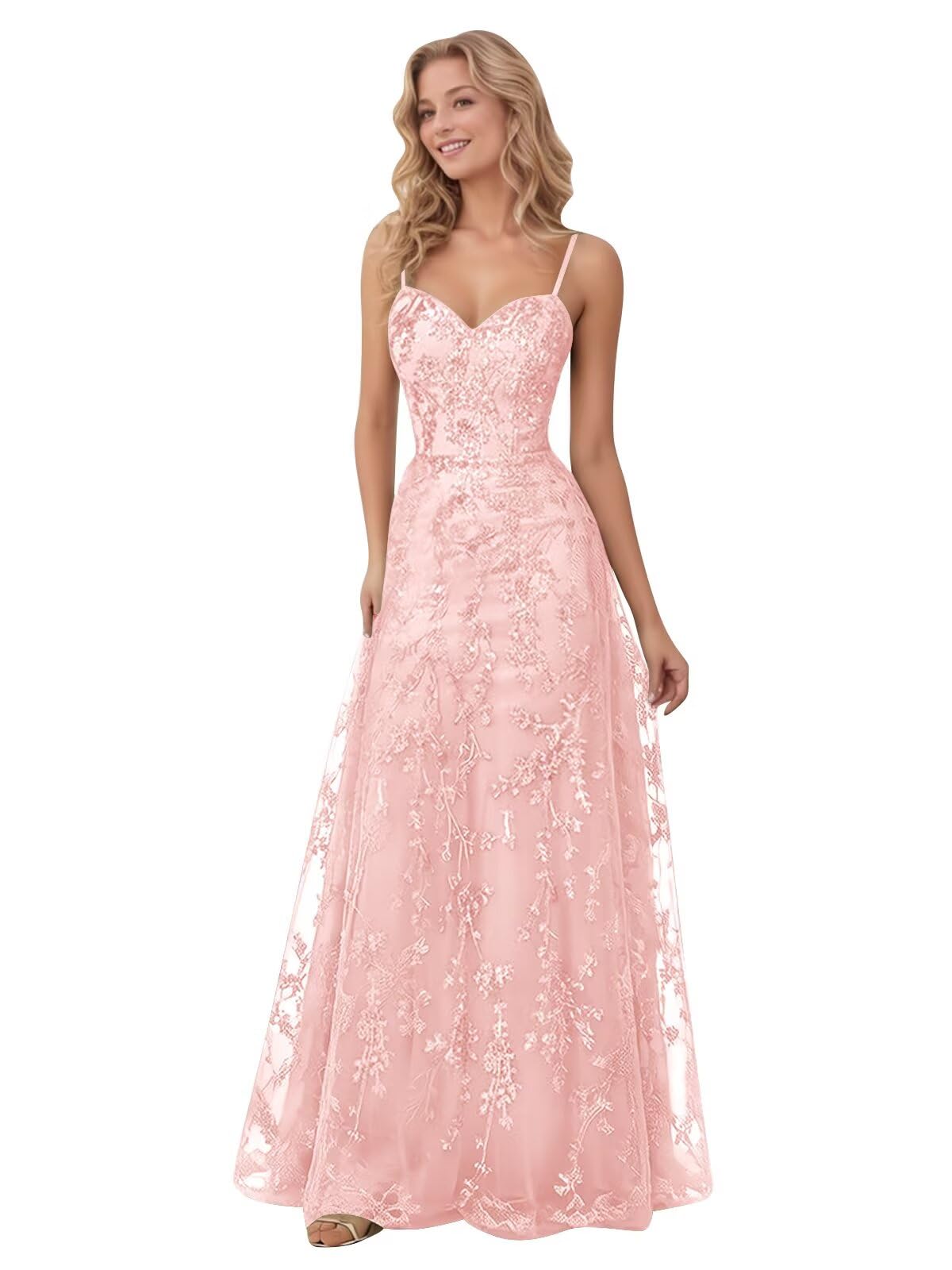 Spaghetti Strap Sparkly Prom Dress for Women Long Tulle Formal Dress Laces Evening Party Gown