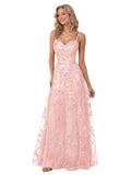 Spaghetti Strap Sparkly Prom Dress for Women Long Tulle Lace Formal Dress Laces Evening Party Gown