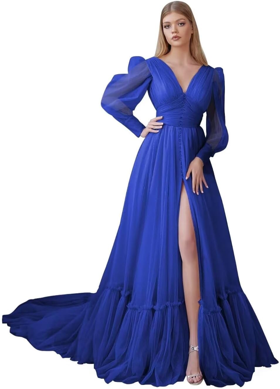 Puffy Sleeve Tulle Prom Dresses Long Ball Gown with Slit for Women 2027 V Neck Long Formal Evening Gowns