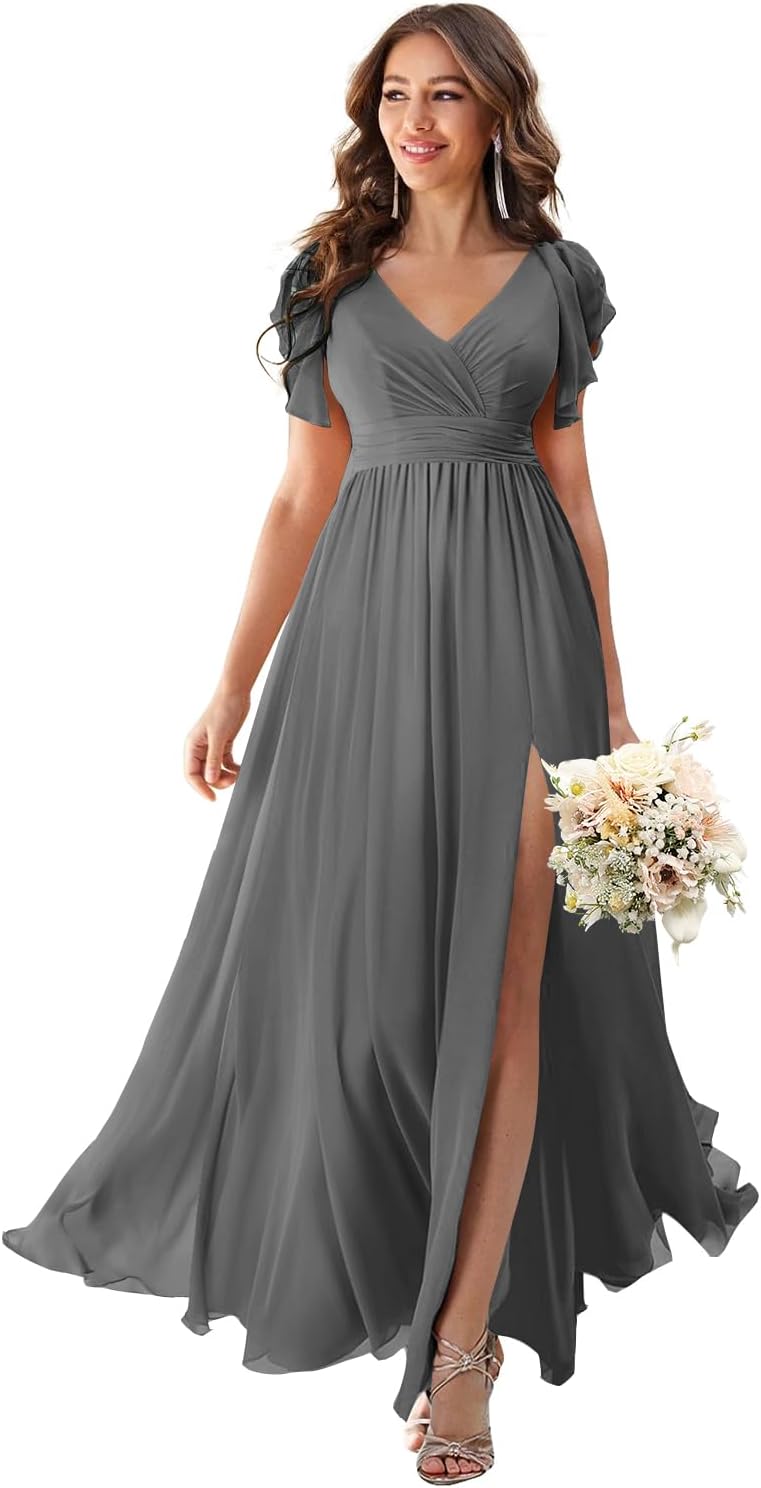 V Neck Flutter Sleeves Bridesmaid Dresses with Slit 2025 Chiffon Aline Pleats Formal Evening Gowns for Women