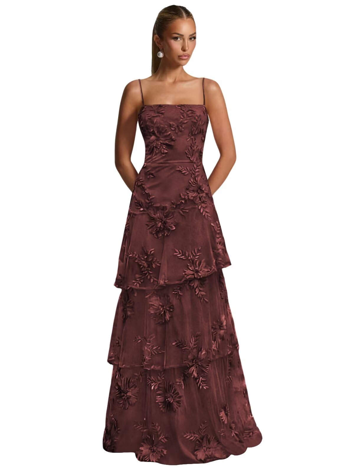 Ruffle Floral Embroidery Prom Dress Long A Line Tiered Bridesmaid Dresses Formal Evening Gowns