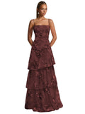 Ruffle Floral Embroidery Prom Dress Long A Line Tiered Bridesmaid Dresses Formal Evening Gowns