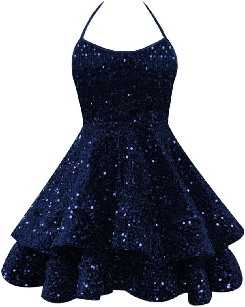 Sparkly Sequin Homecoming Dresses 2026 Spaghetti Straps Tiered Prom Dresses for Teens Short Cocktail Party Gowns