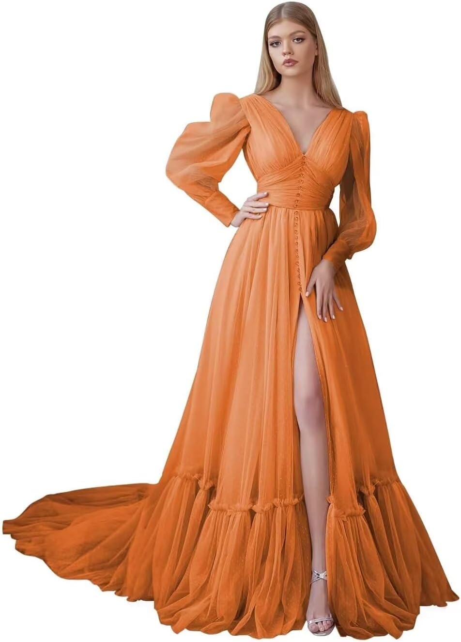 Puffy Sleeve Tulle Prom Dresses Long Ball Gown with Slit for Women 2027 V Neck Long Formal Evening Gowns