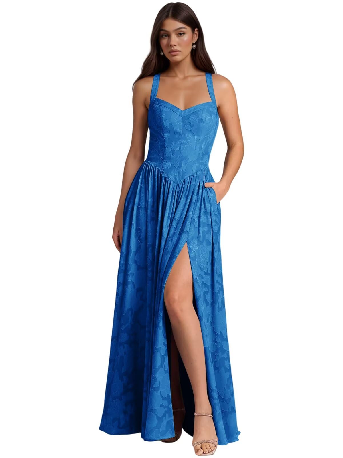 Jacquard Floral Lace Wedding Guest Dress Long Slit A Line Bridesmaid Dresses with Pockets Formal Gown