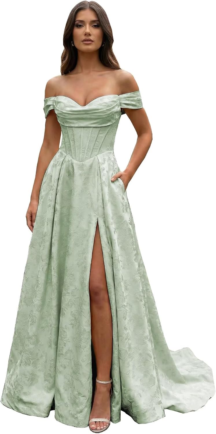 Jacquard Satin Prom Dresses Off the Shoulder Corset A Line Long Formal Gowns