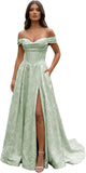 Jacquard Satin Prom Dresses Off the Shoulder Corset A Line Long Formal Gowns