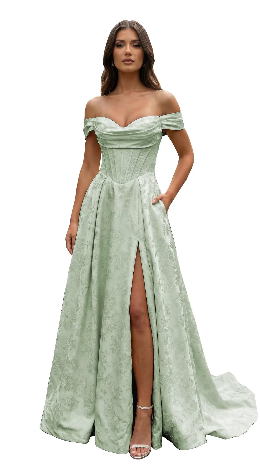 Jacquard Satin Prom Dresses Off the Shoulder Corset A Line Long Formal Gowns