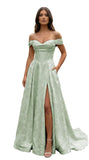 Jacquard Satin Prom Dresses Off the Shoulder Corset A Line Long Formal Gowns
