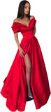 Women’s Off The Shoulder Prom Dresses with Slit Satin Ruched Long Formal Evening Gowns