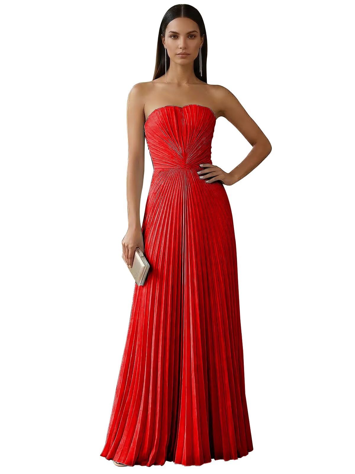 Strapless Prom Dresses for Women Long A Line Cocktail Dress Pleated Chiffon Formal Wedding Guest Dress