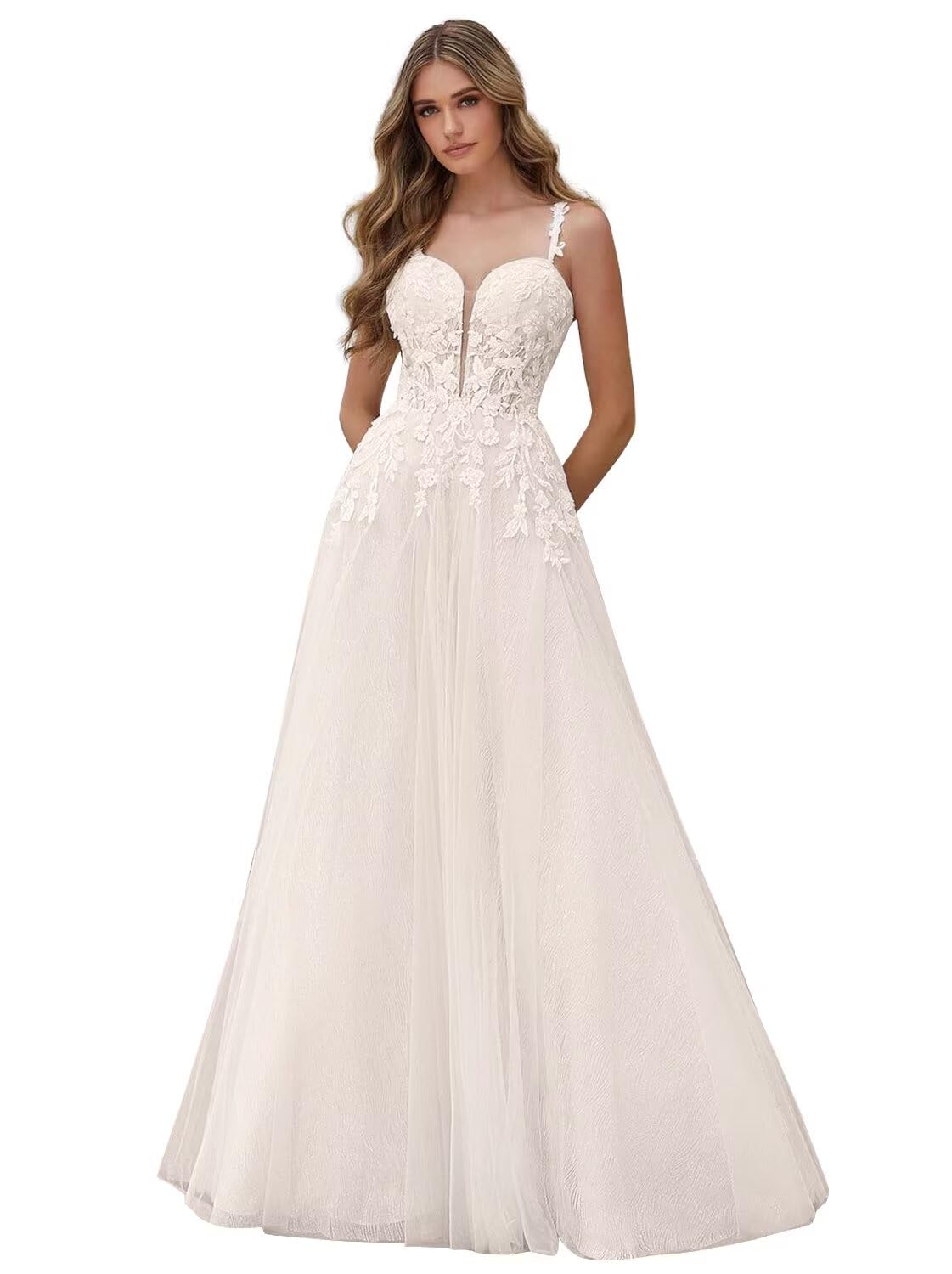 Kingbridal Gowns Lace Appliques Wedding Dresses for Bride Long V Neck Tulle Chiffon A-line Sleeveless Bridal Ball Gown for Women