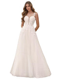 Kingbridal Gowns Lace Appliques Wedding Dresses for Bride Long V Neck Tulle Chiffon A-line Sleeveless Bridal Ball Gown for Women