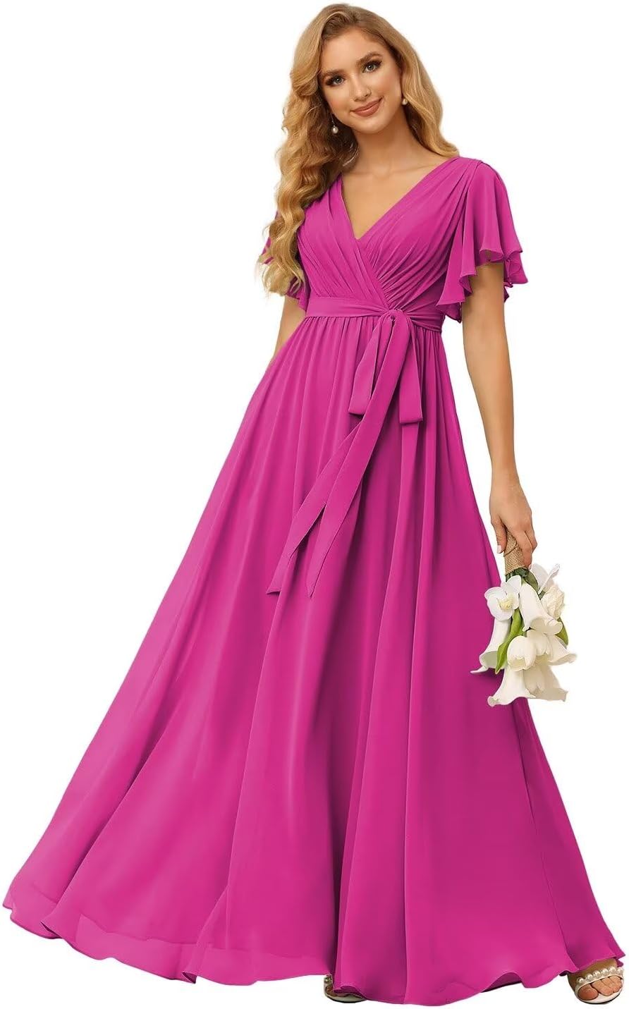 Damen Brautjungfernkleider mit Flatterärmeln, lang, mit Taschen, V-Ausschnitt, Chiffon, formelle Kleider 