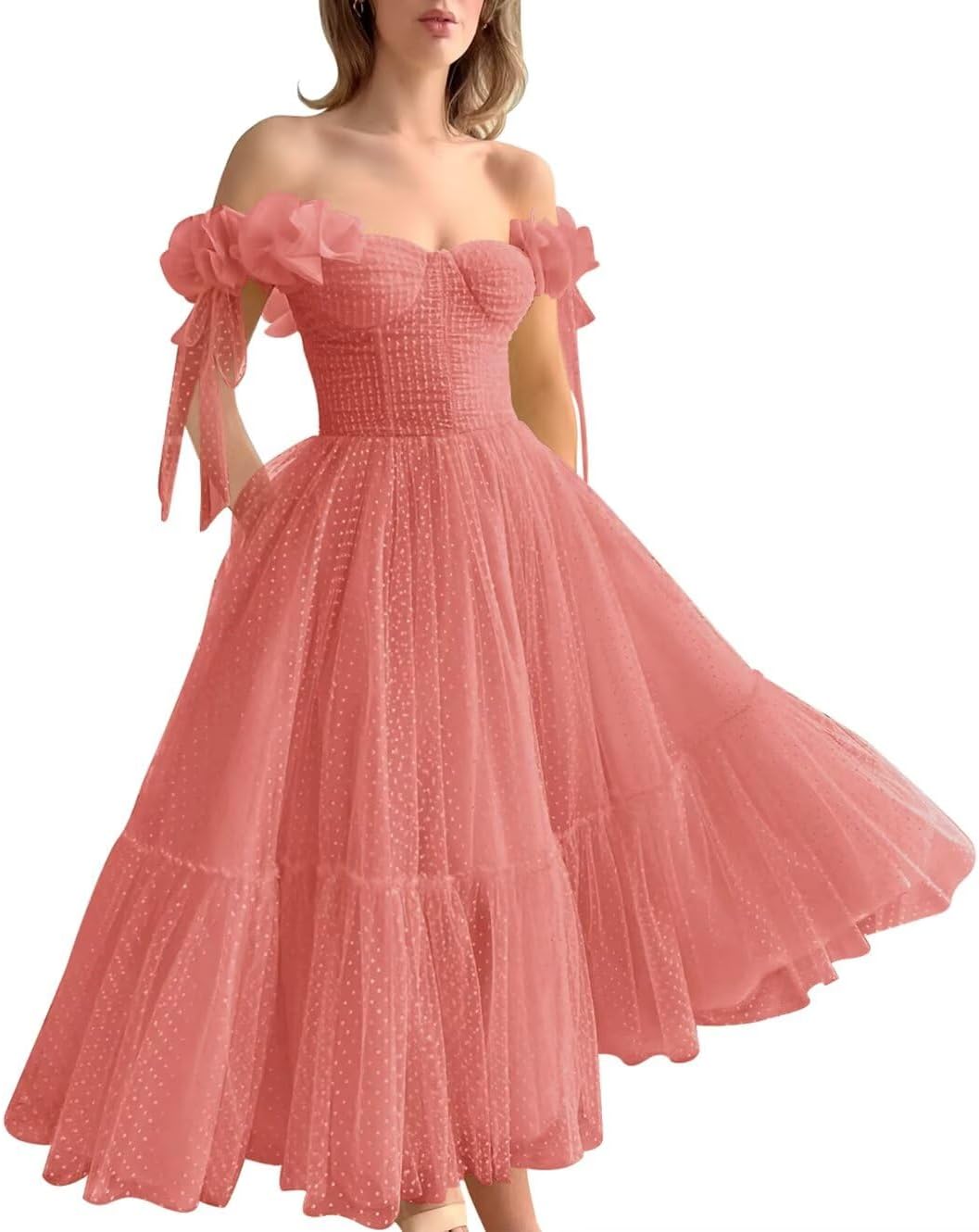 Dotted Tulle Off Shoulder Prom Dress for Women Sweetheart Midi Puffy Formal Party Gowns