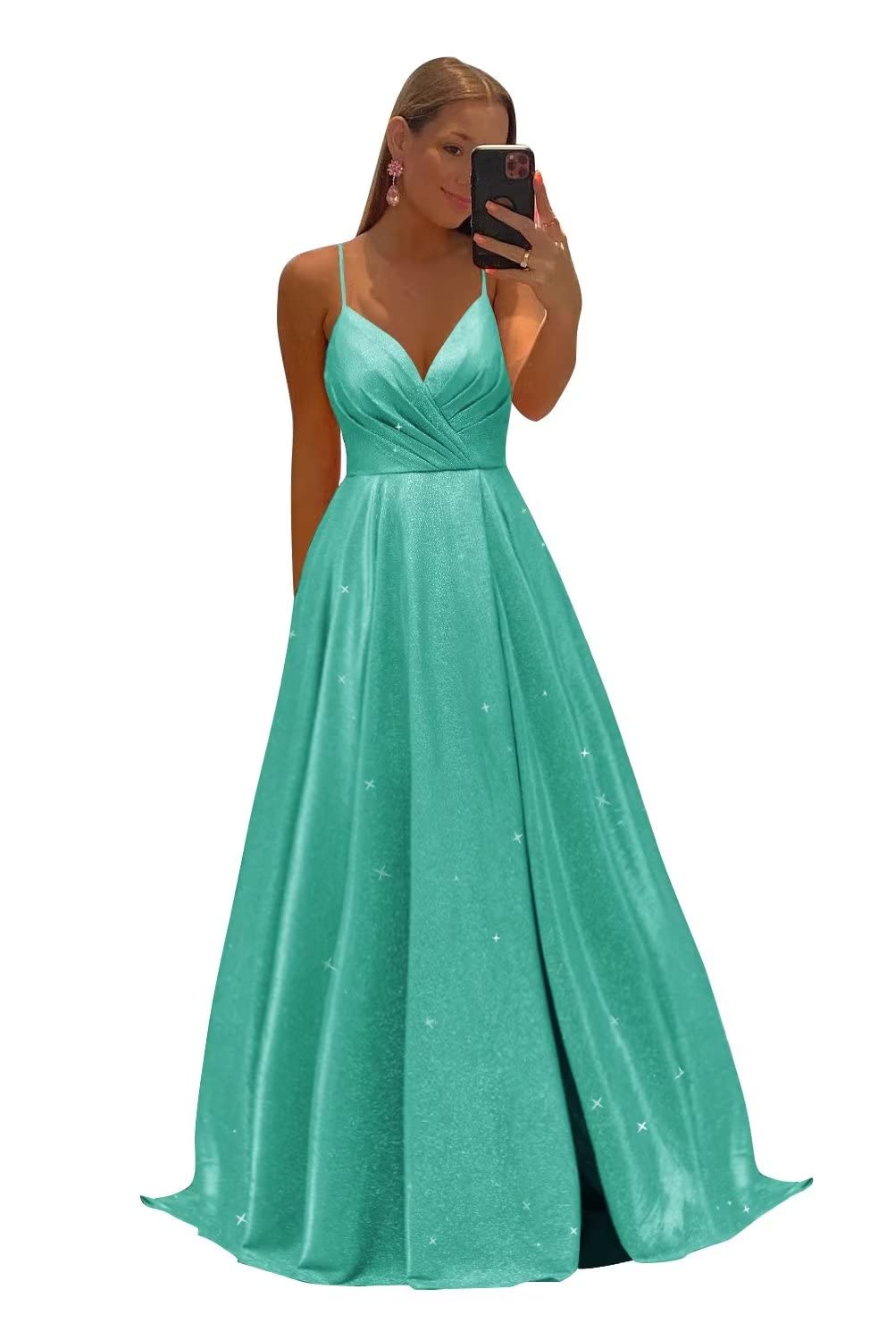 Women's Spaghetti Straps Prom Dresses Long V-Neck Sparkling Bridesmaid Dresses Formal Evening Gowns with High Slit