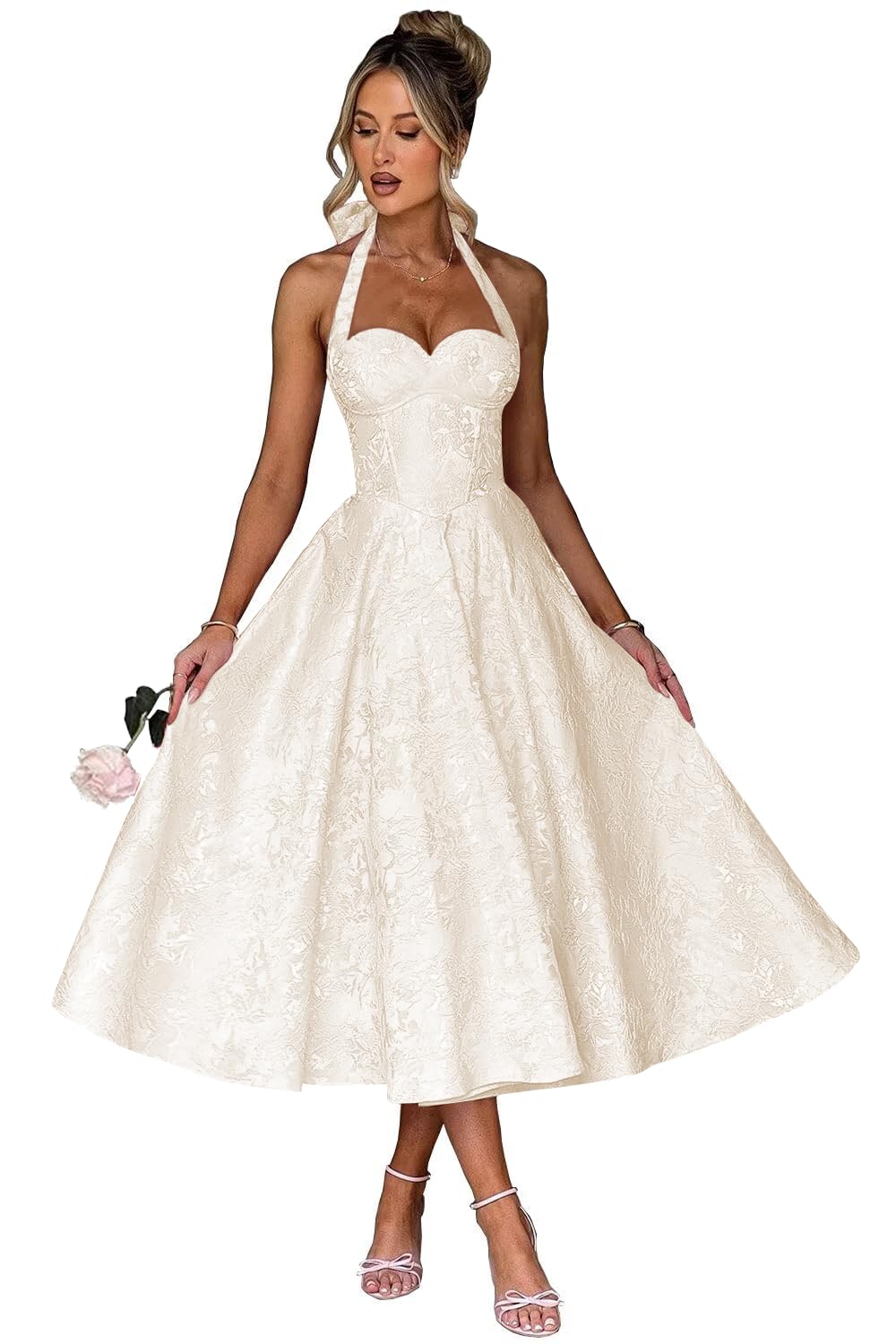 Jacquard Satin Prom Dresses for Women Vintage A-Line Midi Halter Sweetheart Formal Evening Party Gowns with Pockets