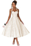 Jacquard Satin Prom Dresses for Women Vintage A-Line Midi Halter Sweetheart Formal Evening Party Gowns with Pockets