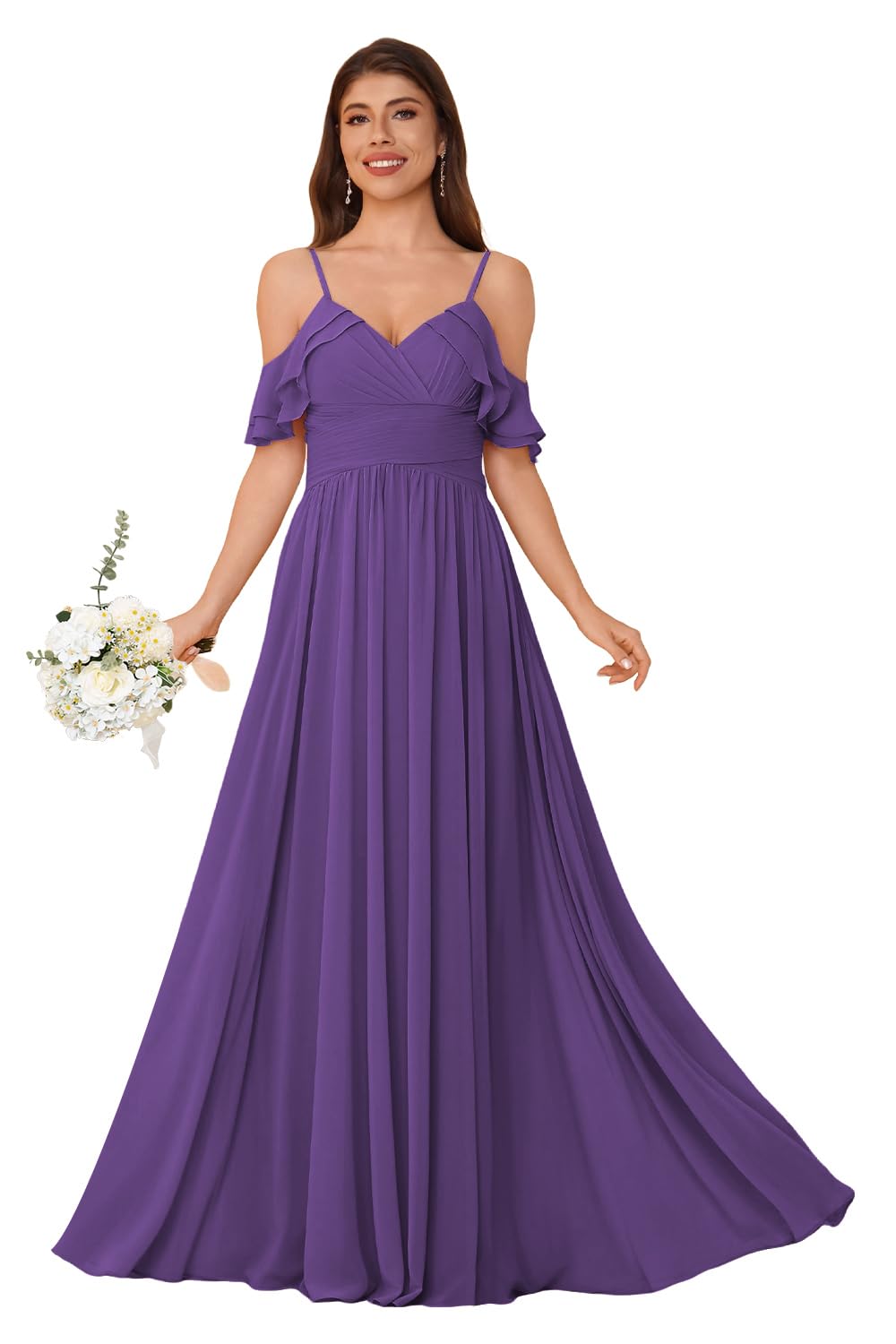 Women's Long Chiffon Bridesmaid Dresses Ruffle V Neck Formal Evening Prom Gown Spaghetti Strap Maxi Wedding Guest Dress