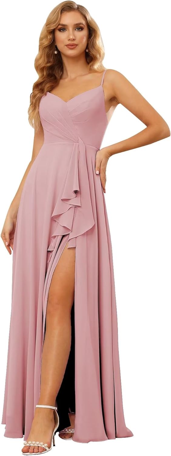 Vestidos de dama de honor largos de gasa con tirantes finos y bolsillos, vestidos formales con volantes y abertura para mujer 
