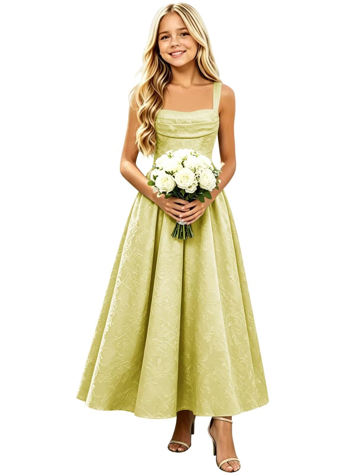 Floral Satin Jacquard Junior Bridesmaid Dresses Long Ruched Flower Girl Dress for Wedding