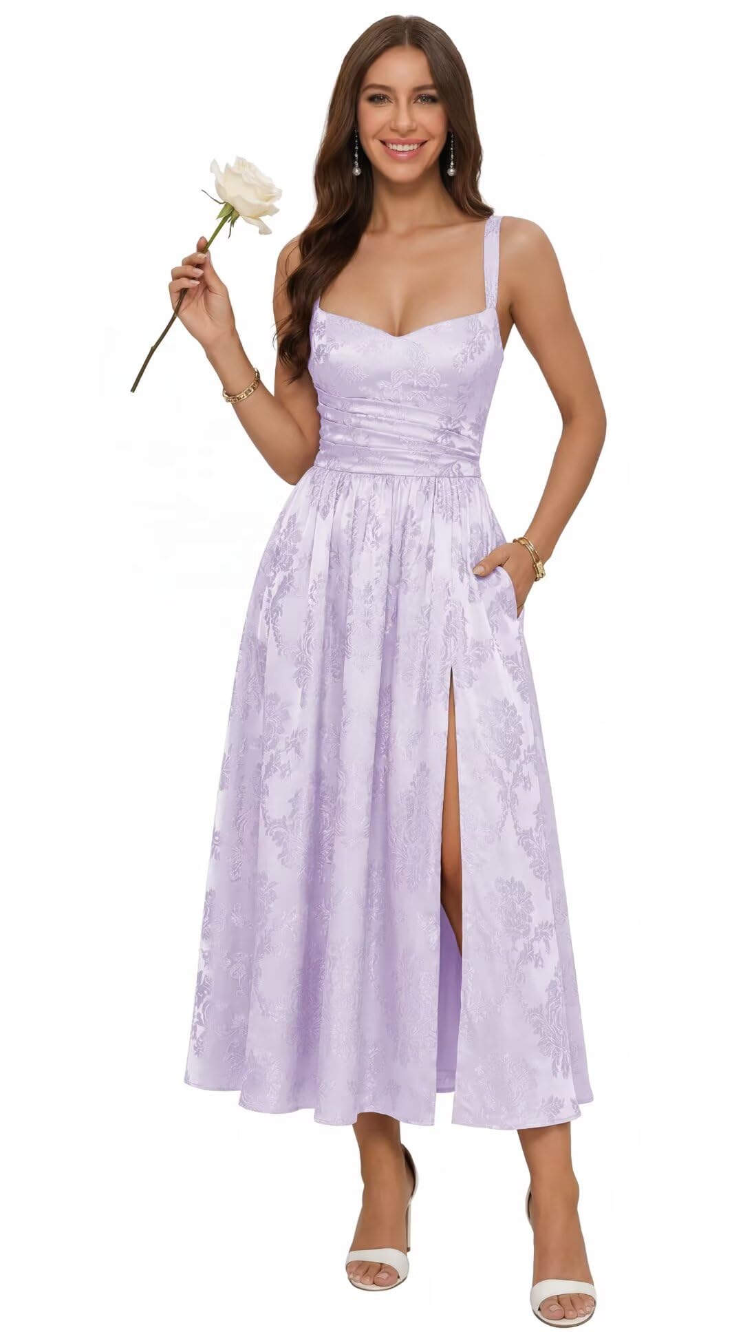 Jacquard Satin Bridesmaid Dresses for Women Spaghetti Straps A Line Tea Length Formal Dress