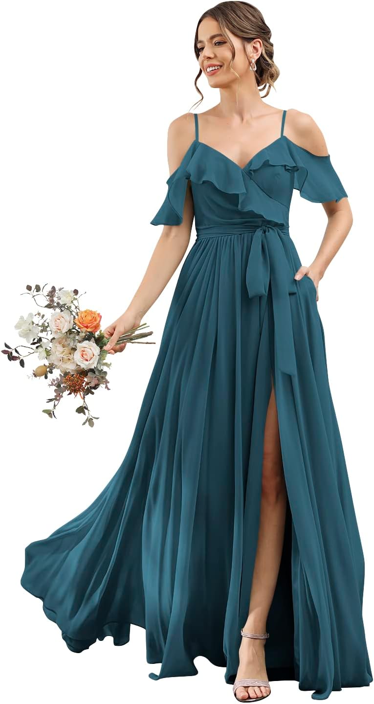 Women's Bridesmaid Dresses with Slit Long Cold Shoulder Chiffon Formal Party Dress with Pockets
