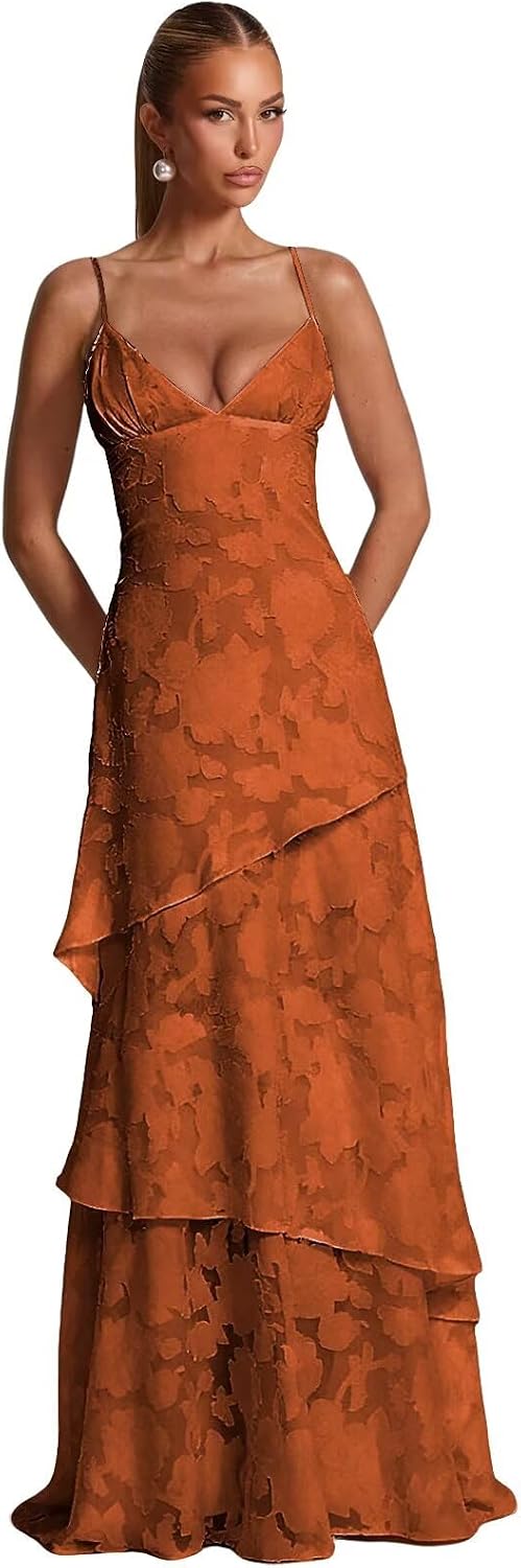 Spaghetti Strap Floral Bridesmaid Dresses for Women Tiered Ruffle A-Line Long Formal Prom Dress