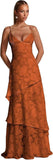 Spaghetti Strap Floral Bridesmaid Dresses for Women Tiered Ruffle A-Line Long Formal Prom Dress