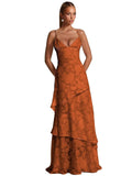 Spaghetti Strap Floral Bridesmaid Dresses for Women Tiered Ruffle A-Line Long Formal Prom Dress