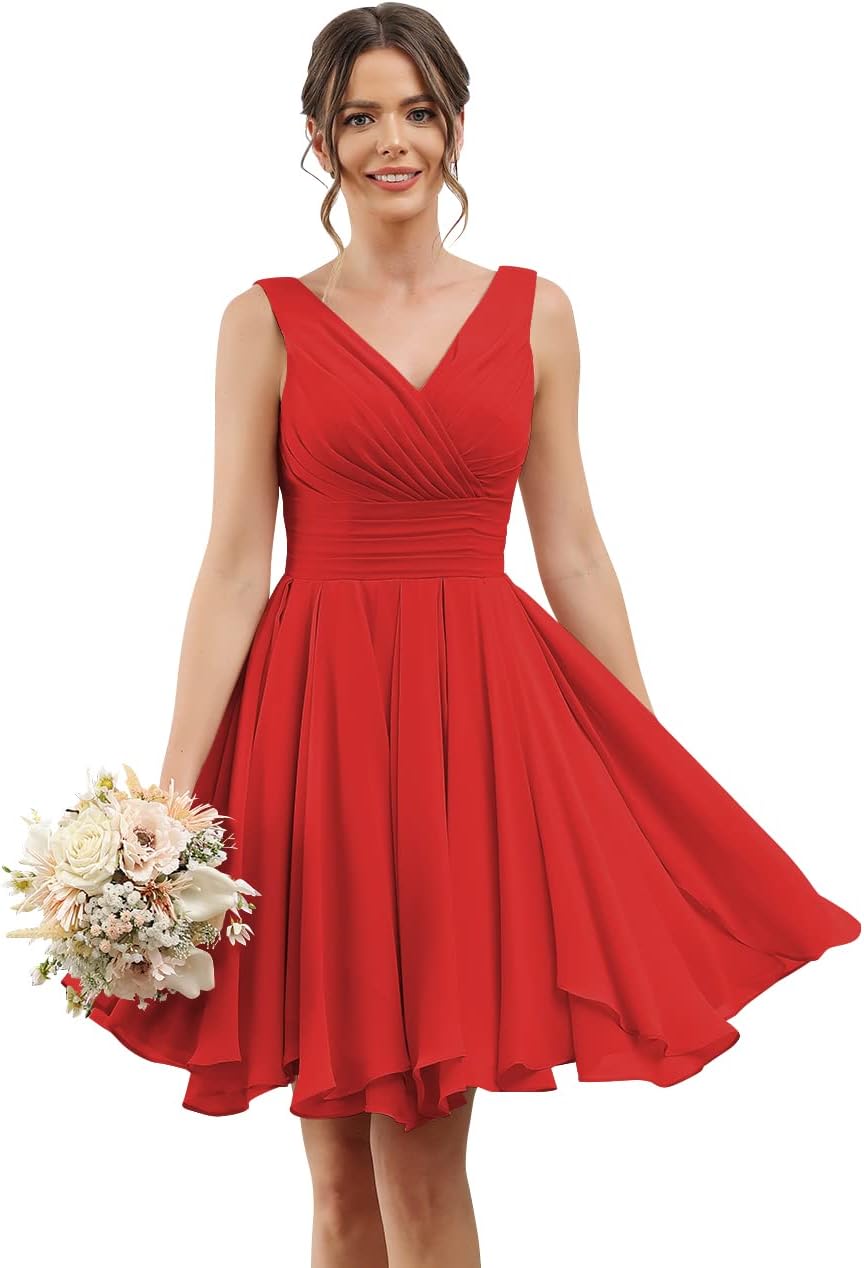 Double V Neck Short Bridesmaid Dresses for Women 2025 Chiffon A Line Formal Evening Gowns with Pockets