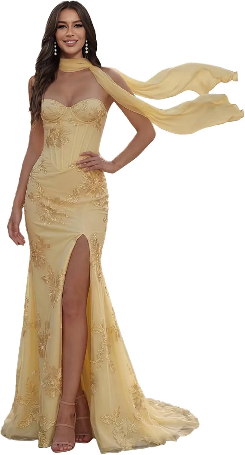Floral Prom Dresses for Teens Strapless Mermaid Corset Tulle Formal Evening Gown with Slit Scarf