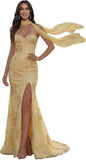 Floral Prom Dresses for Teens Strapless Mermaid Corset Tulle Formal Evening Gown with Slit Scarf