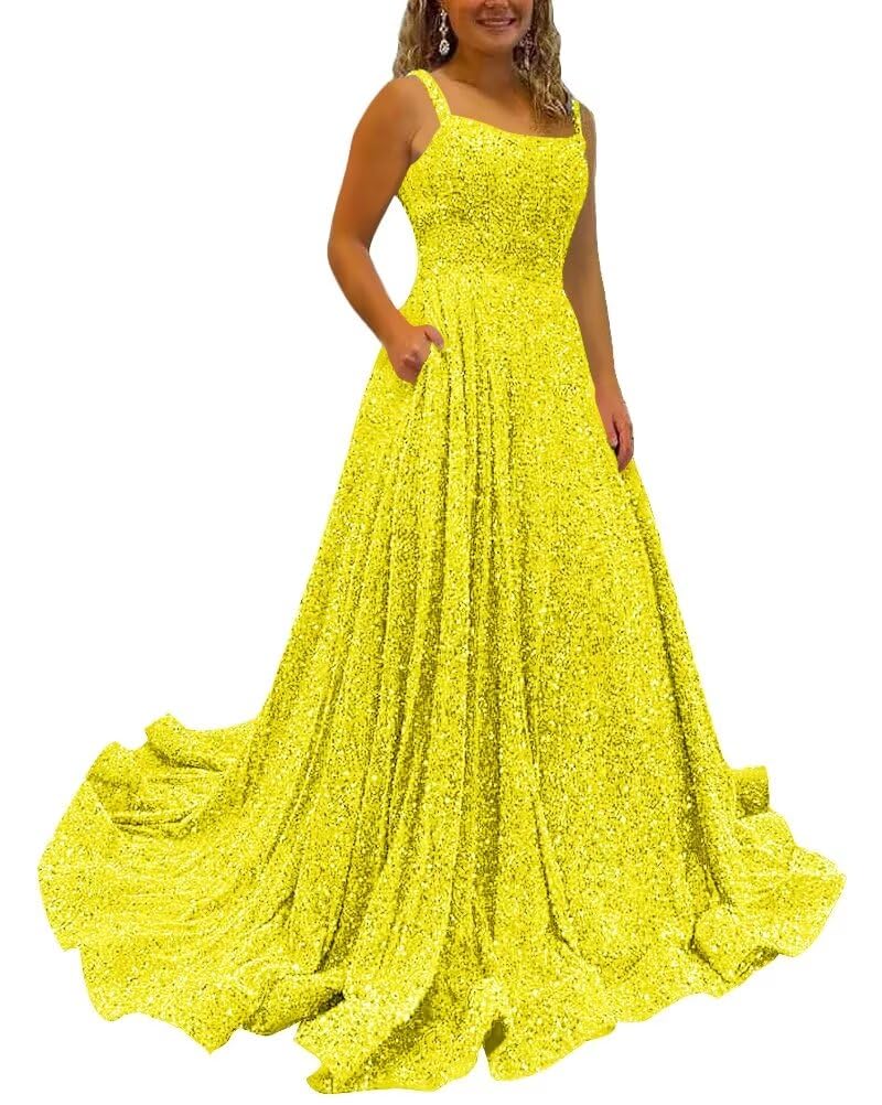 Kingbridal Gowns Spaghetti Straps Prom Dresses Long for Women 2026 A Line Sequin Satin Formal Evening Party Ball Gowns with Slit