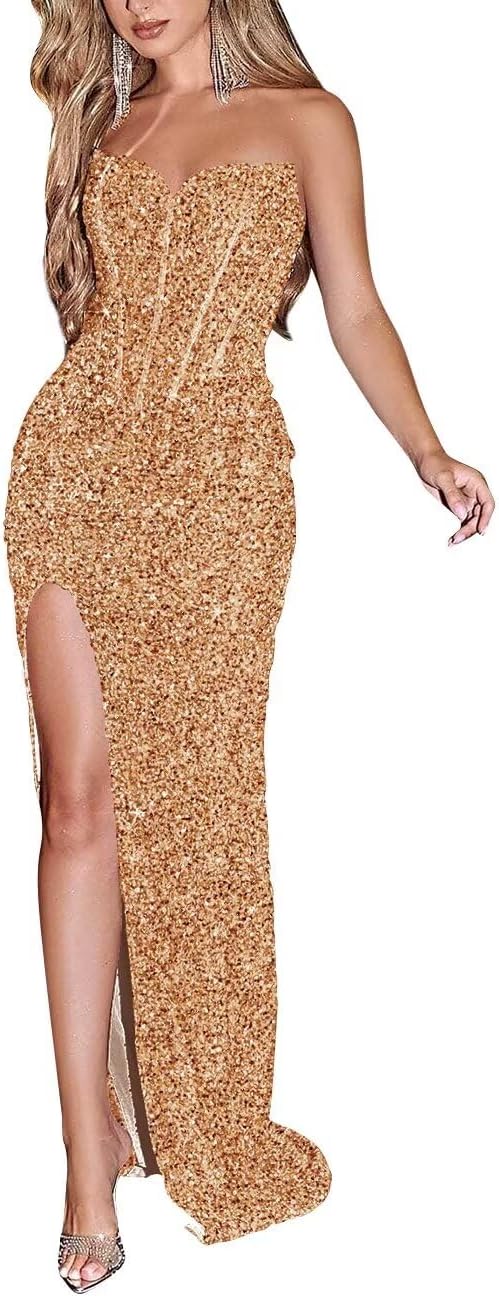 Sparkly Sequin Prom Dresses for Women 2025 Long Mermaid Strapless Glitter Formal Evening Prom Ball Gown with Slit