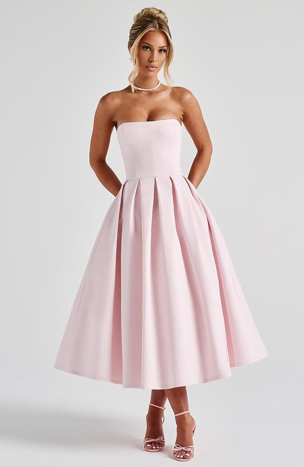 Strapless Satin Tea Length Prom Dresses for Women 2027 A-Line Corset Backless Cocktail Bridesmaid Dress with Pocket