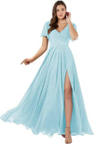 Damen Brautjungfernkleider mit Flatterärmeln, lang, mit Schlitz, V-Ausschnitt, Chiffon, formelle Kleider 