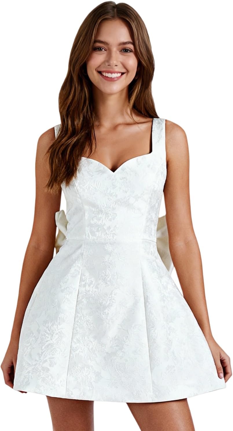 Jacquard Satin Homecoming Dress with Bow Elegant Embroidery A Line Graduation Mini Dress Short Prom Dresses