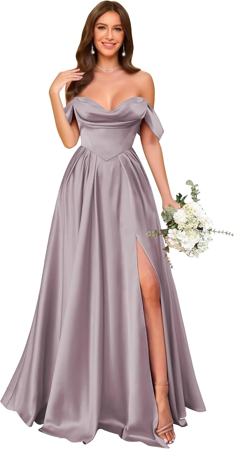 Off Shoulder Satin Bridesmaid Dresses Long Pleated Formal Dresses A Line Evening Gowns with Slit