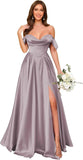 Off Shoulder Satin Bridesmaid Dresses Long Pleated Formal Dresses A Line Evening Gowns with Slit