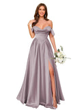 Off Shoulder Satin Bridesmaid Dresses Long Pleated Formal Dresses A Line Evening Gowns with Slit