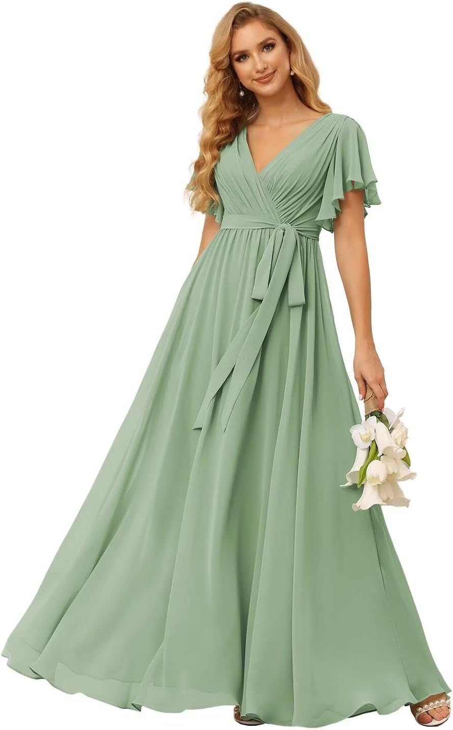 Damen Brautjungfernkleider mit Flatterärmeln, lang, mit Taschen, V-Ausschnitt, Chiffon, formelle Kleider 