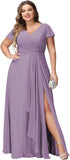Vestidos de dama de honor de talla grande con mangas con volantes y bolsillos, vestido formal largo con escote en V y abertura. 