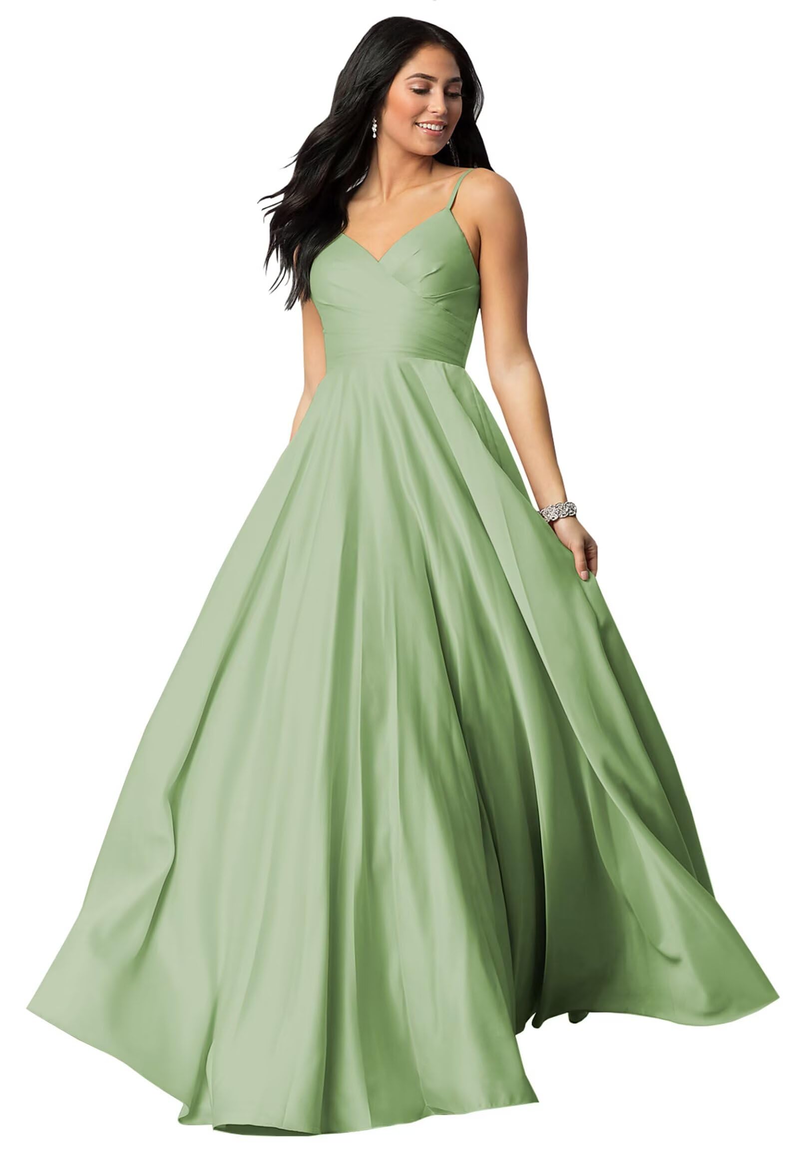 Spaghetti Straps Satin Prom Dresses for Women Long with Pockets Pleated Formal Evening Gowns Ball Gown