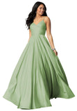 Spaghetti Straps Satin Prom Dresses for Women Long with Pockets Pleated Formal Evening Gowns