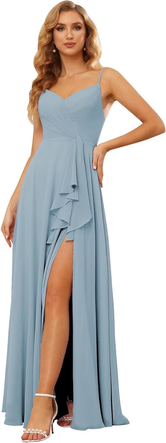 Vestidos de dama de honor largos de gasa con tirantes finos y bolsillos, vestidos formales con volantes y abertura para mujer 