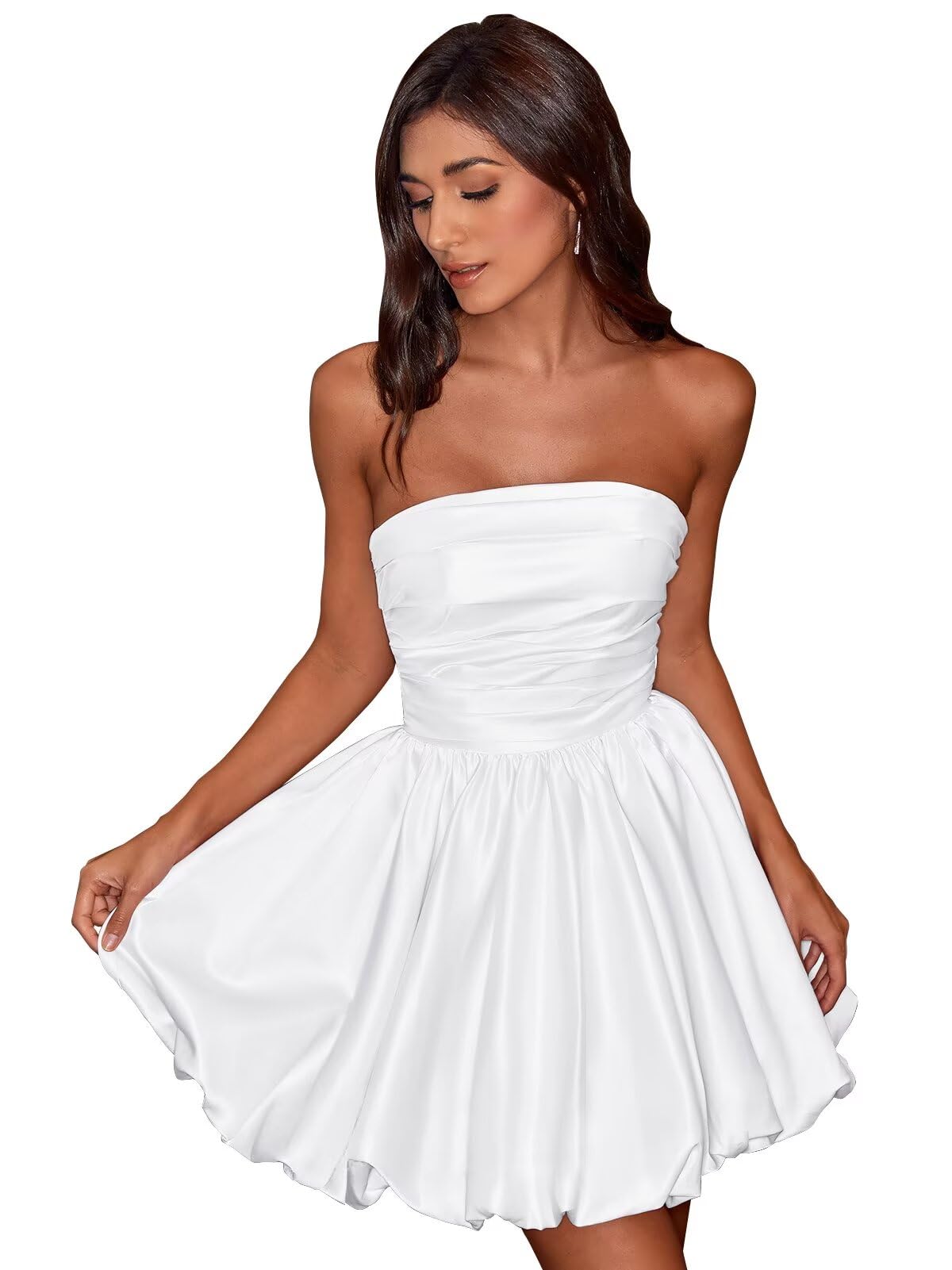 Short Satin A-Line Ruched Homecoming Dresses for Teens Strapless Ruched Mini Formal Cocktail Party Dress