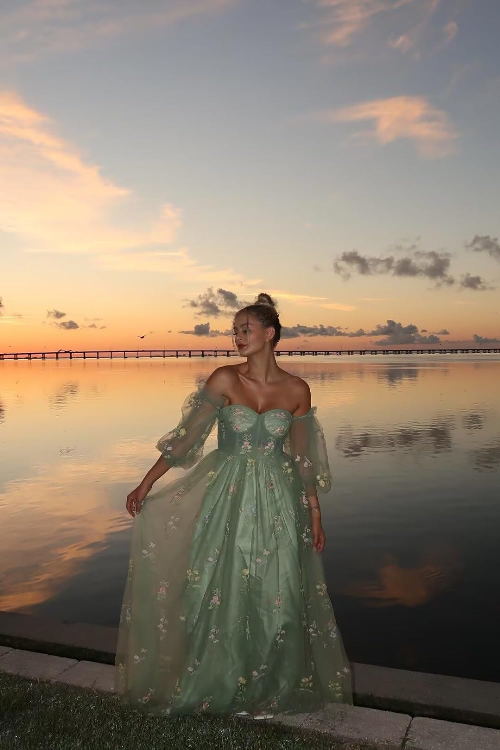 Vestidos de fiesta de tul con bordado de flores para mujer, 2024, largos, con hombros descubiertos, formales, para noche 