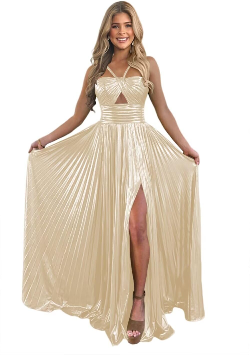 Vestido de fiesta de satén metálico brillante con abertura para mujer, vestido formal de noche plisado con cuello halter 