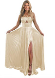 Vestido de fiesta de satén metálico brillante con abertura para mujer, vestido formal de noche plisado con cuello halter 